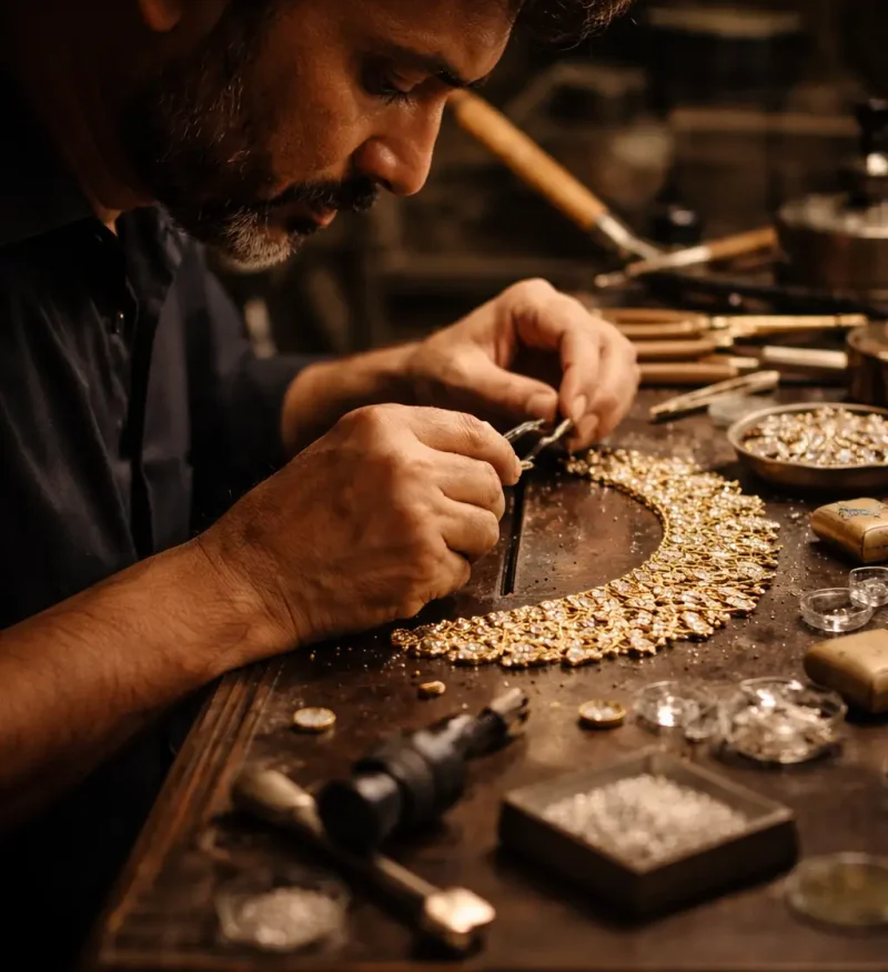 Skilled artisan crafting a handcrafted gold necklace at RoyalJain jewellery workshop